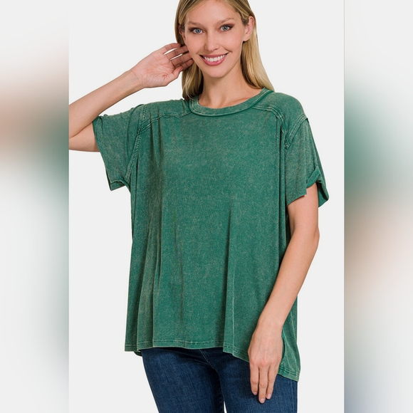 Zenana Washed Ribbed Short Sleeve Top - Picture 1 of 7